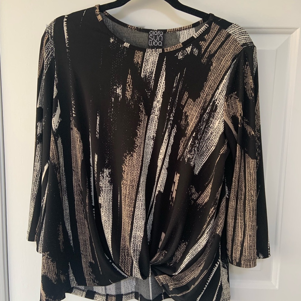 CLARA SUNWOO Black and Taupe Brushstroke Twist-Front Long Sleeve Top